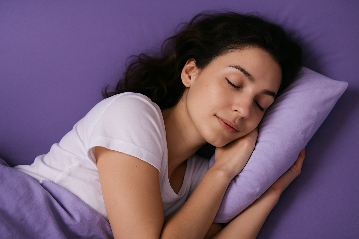 femme qui dort paisiblement sur fond violet